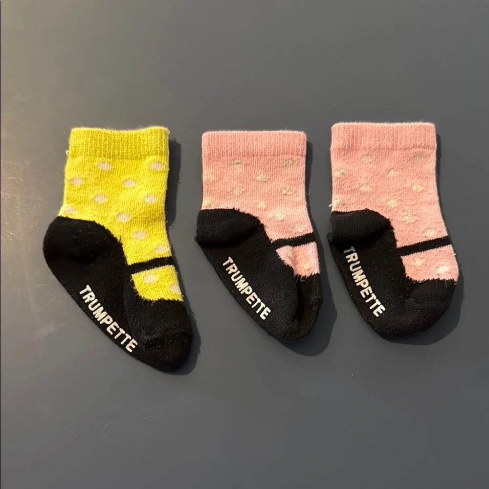Trumpette Kids Polka Dot Socks - Yellow and Pink. 3 socks. Look like ballet shoe